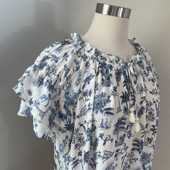 Rose + Olive Womens Plus 2X Floral Monkey Birds Print Blouse Ruffle Sleeve Top - Picture 2 of 13